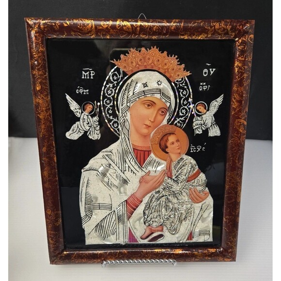 Byzantine Orthodox Icon Theotokos Madonna & Child Mother of Pearl Inlay Framed - Picture 3 of 13